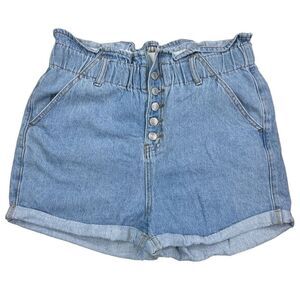 SONG Shorts Women's Large Button Fly Elastic Waist Blue Denim MOM Jean Shorts